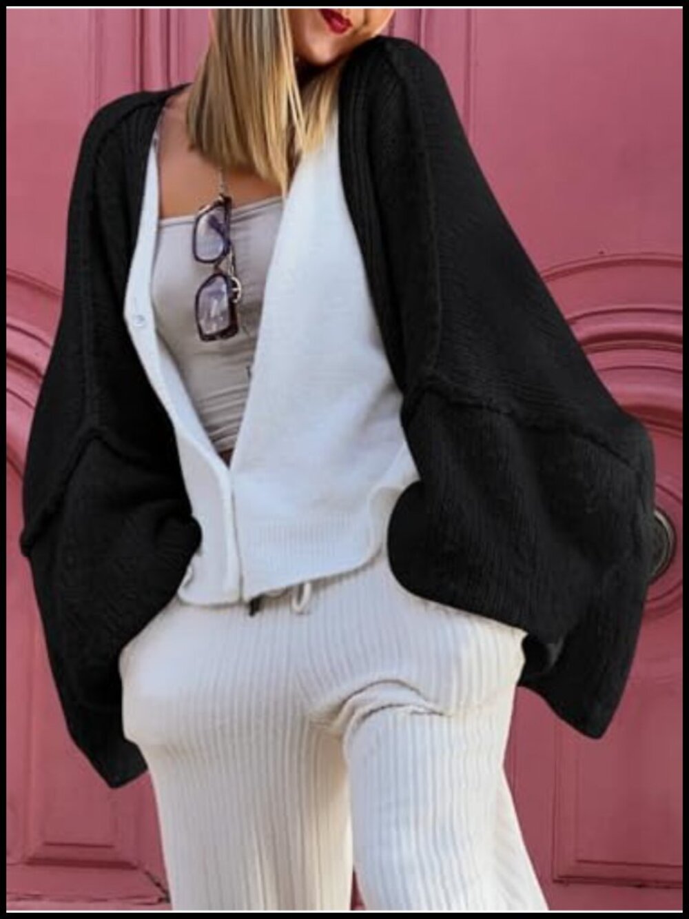Chunky Knit Oversized Cardigan Women Long Lantern Sleeve V-Neck Cozy Fall - Picture 4 of 5